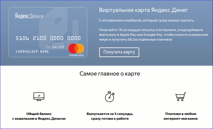 Виртуальная карта Яндекс.Деньги