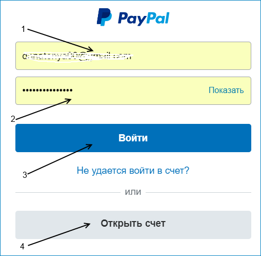 форма входа в PayPal